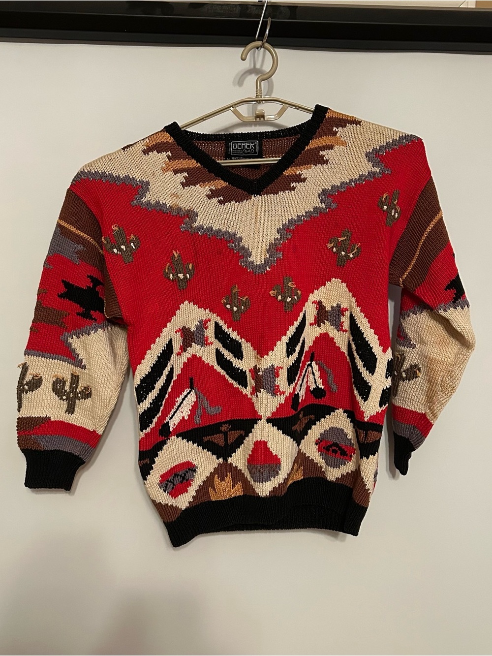 berek Red Southwestern-Patterned V-Neck Sweater